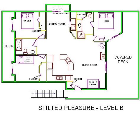 A level B layout view of Sand 'N Sea's beachside house vacation rental in Galveston named Stilted Pleasure
